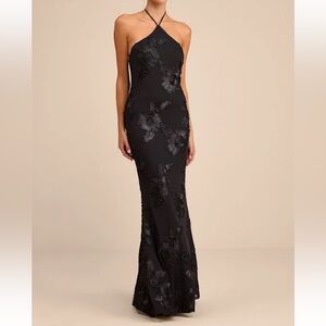 Lulus Black Floral Appliqué Mesh Halter Neck